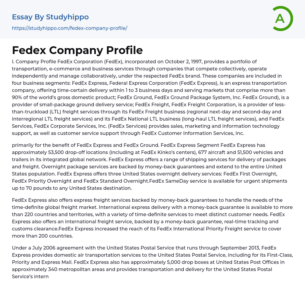 Fedex Company Profile Essay Example