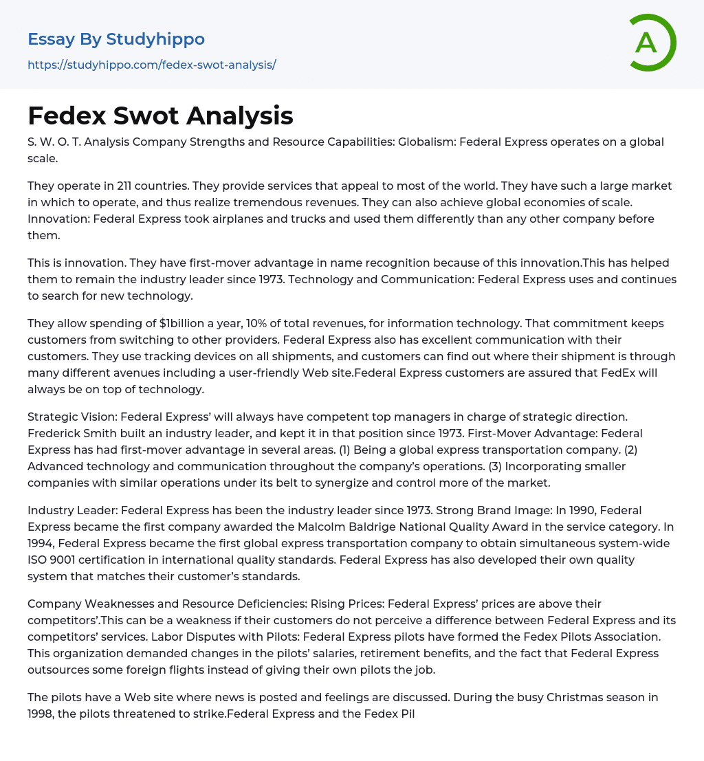 Fedex Swot Analysis Essay Example