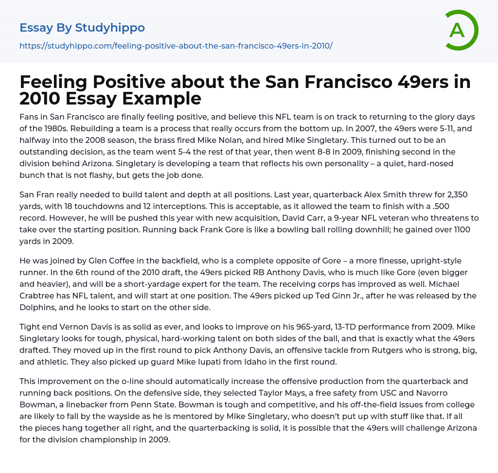 Feeling Positive about the San Francisco 49ers in 2010 Essay Example
