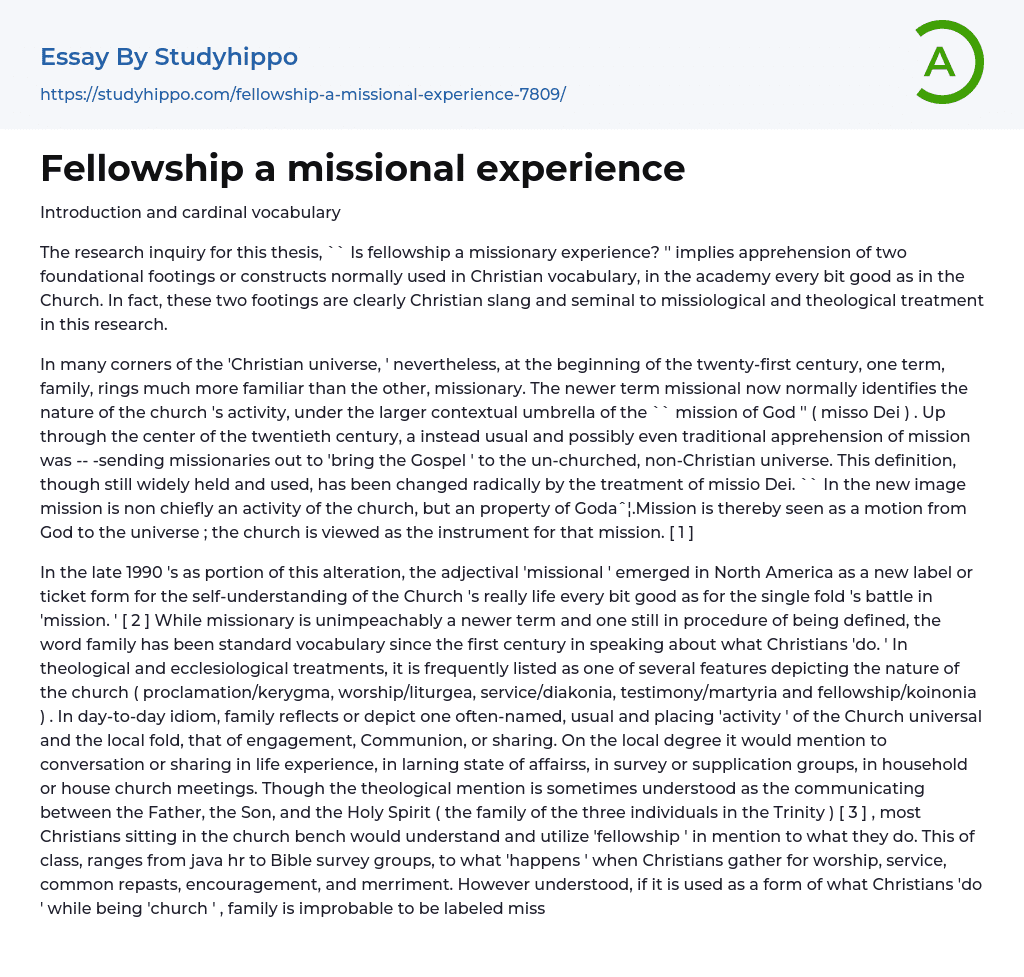 Fellowship a missional experience Essay Example