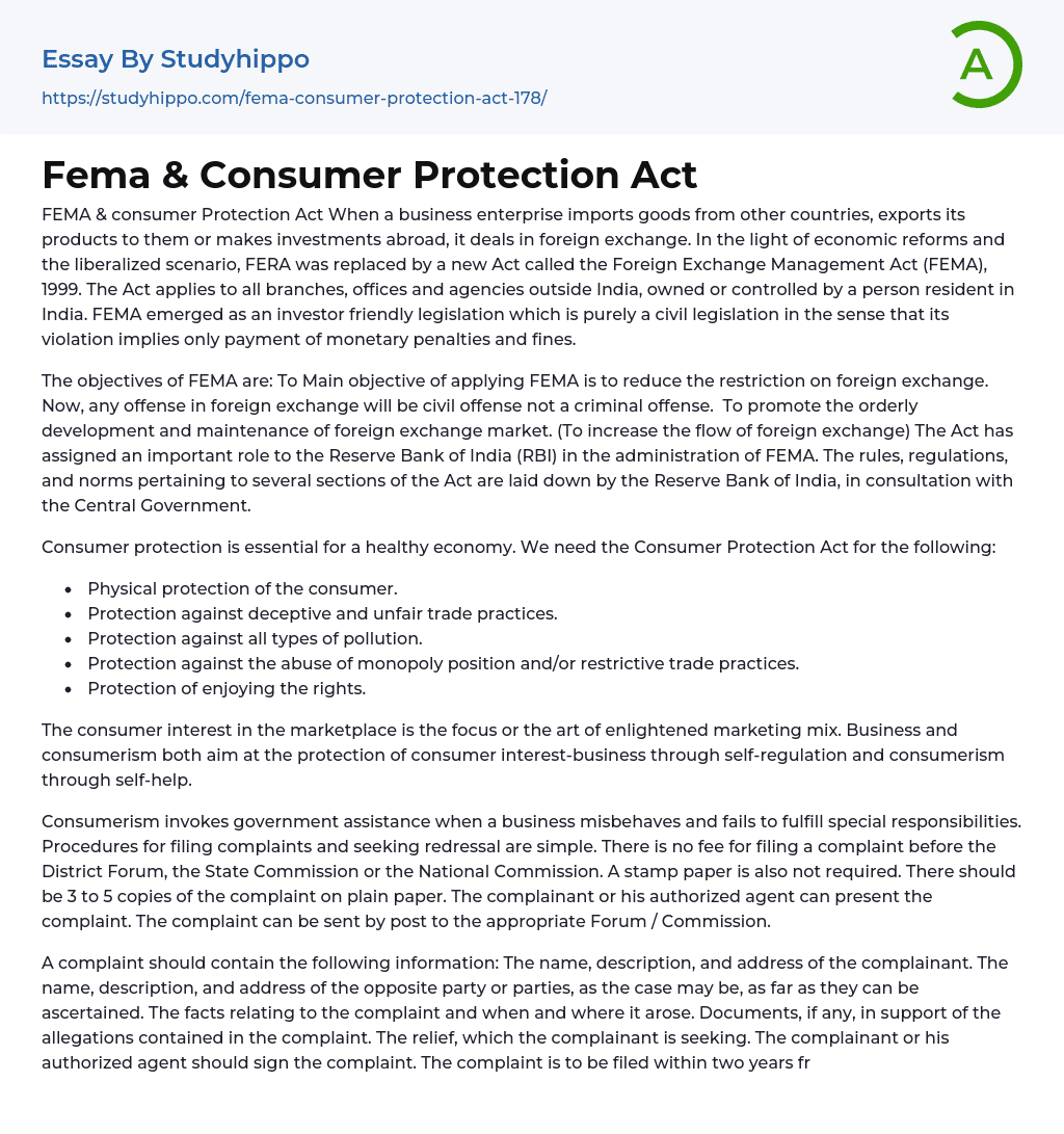 Fema & Consumer Protection Act Essay Example
