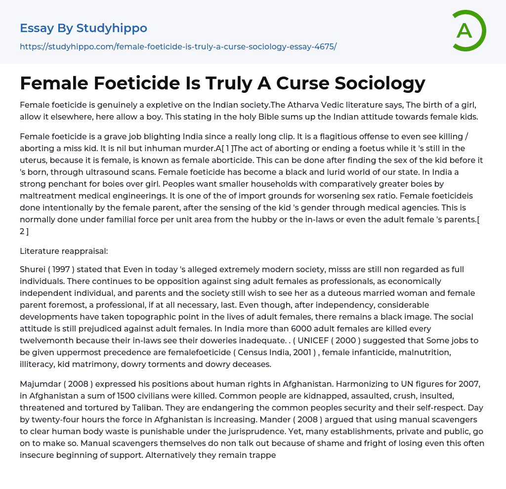 Female Foeticide Is Truly A Curse Sociology Essay Example