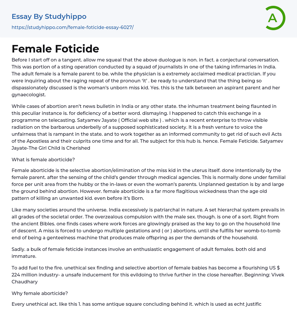 Female Foticide Essay Example