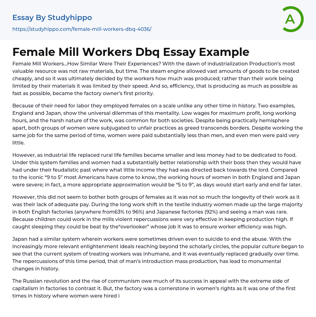 Female Mill Workers Dbq Essay Example