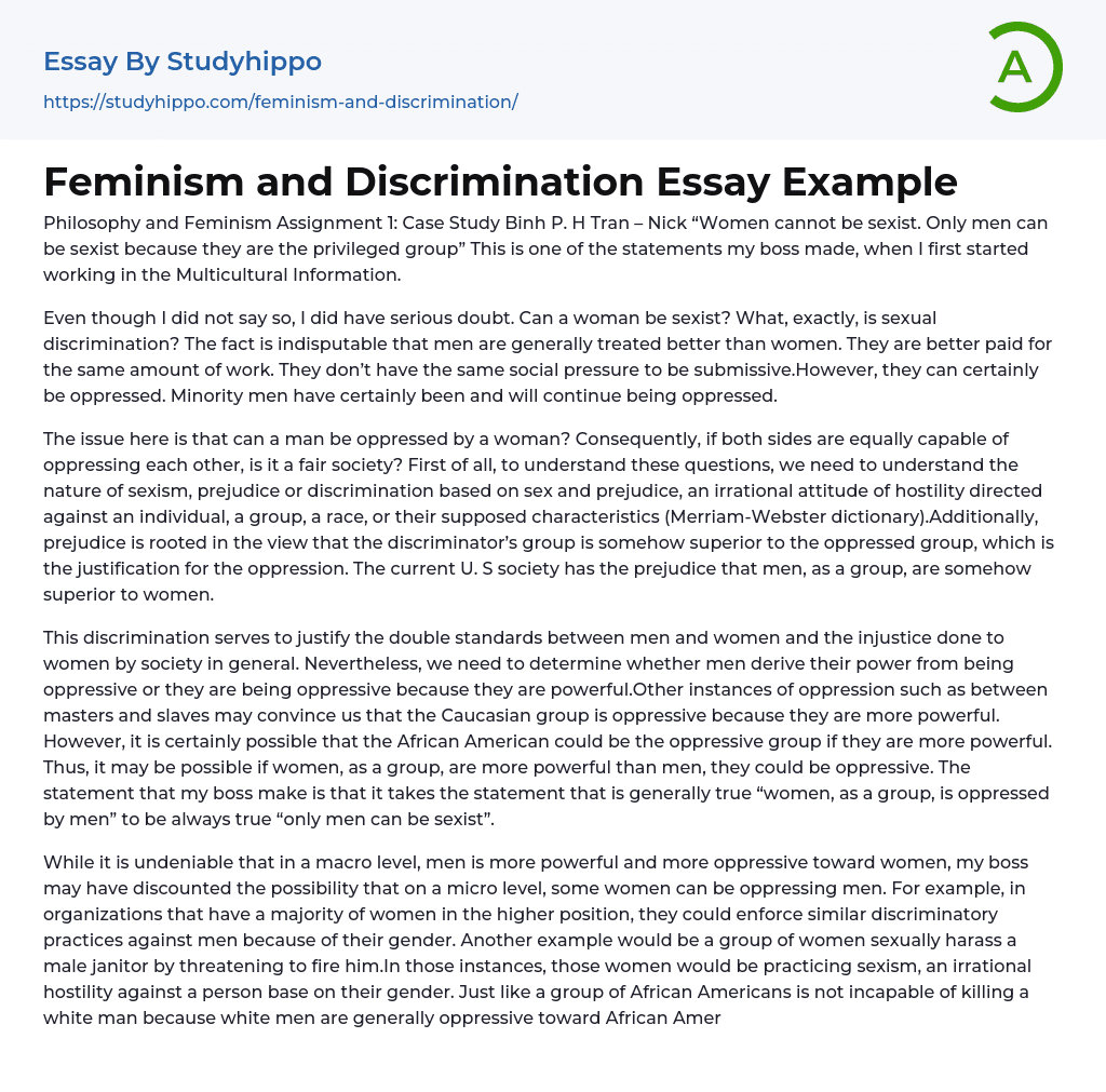 Feminism and Discrimination: Women Cannot Be Sexist? Essay Example