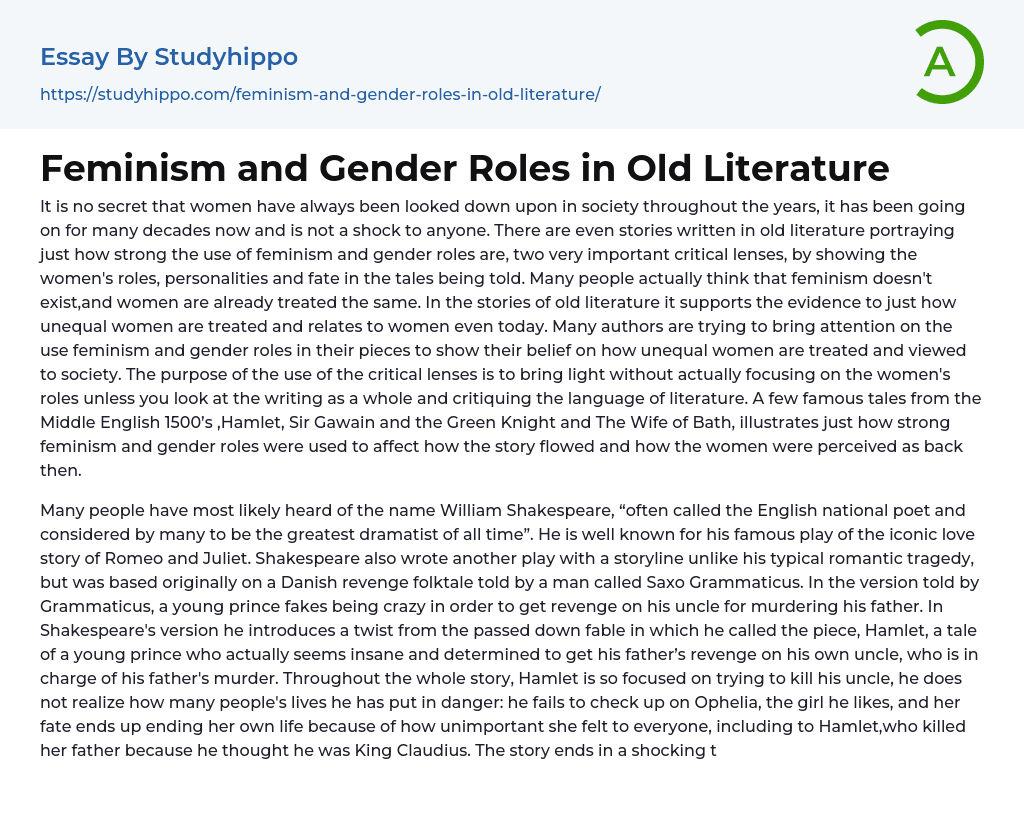Feminism and Gender Roles in Old Literature Essay Example
