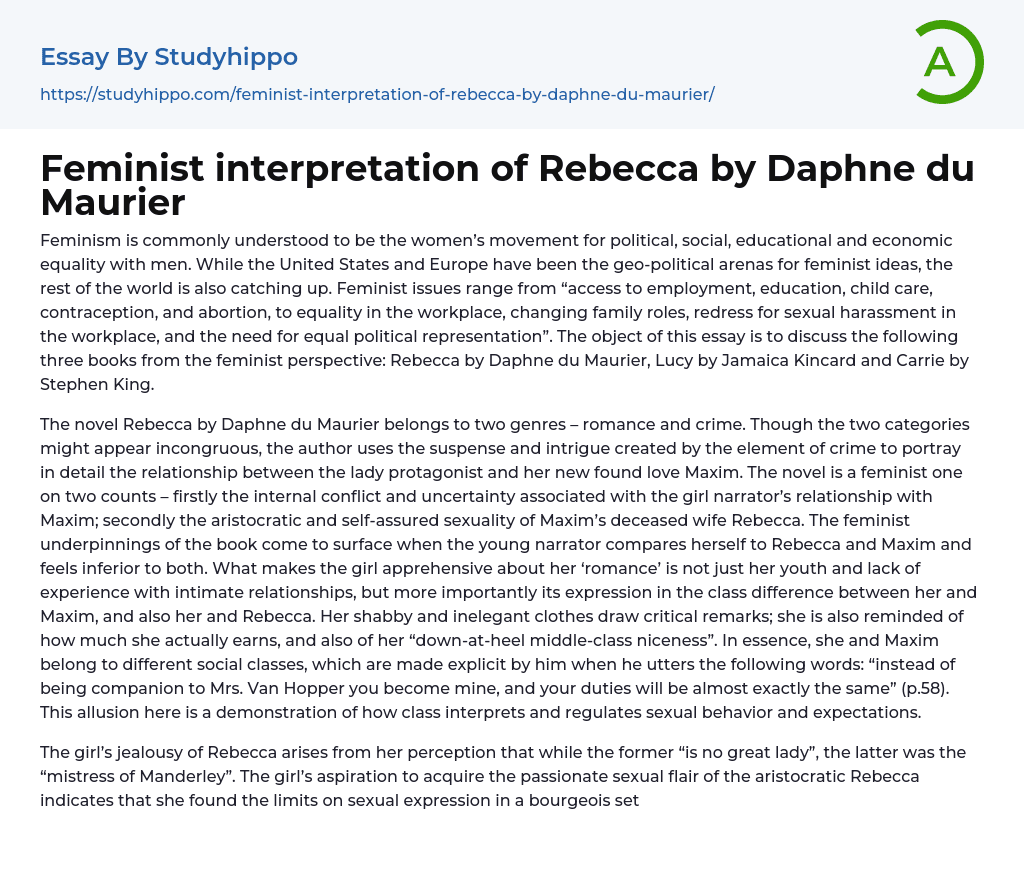 Feminist interpretation of Rebecca by Daphne du Maurier Essay Example