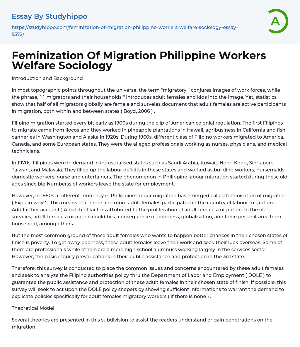 Feminization Of Migration Philippine Workers Welfare Sociology Essay Example