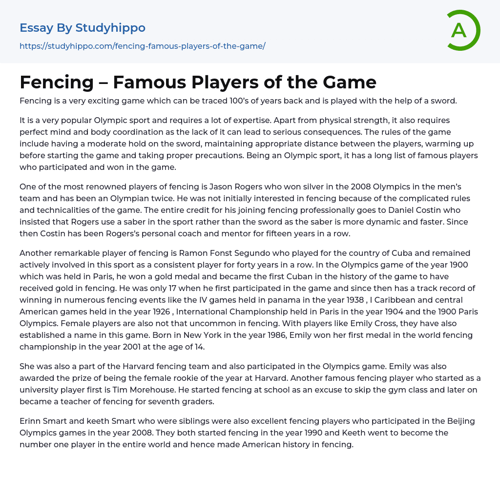 Fencing – Famous Players of the Game Essay Example