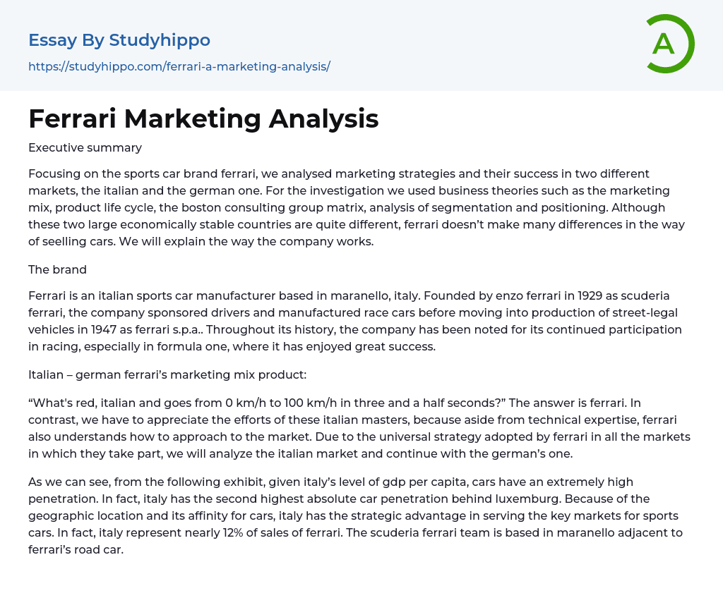 Ferrari Marketing Analysis Essay Example