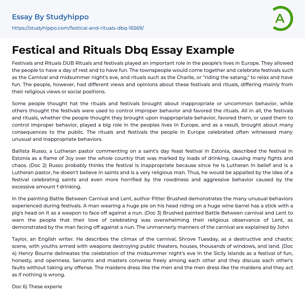 Festical and Rituals Dbq Essay Example