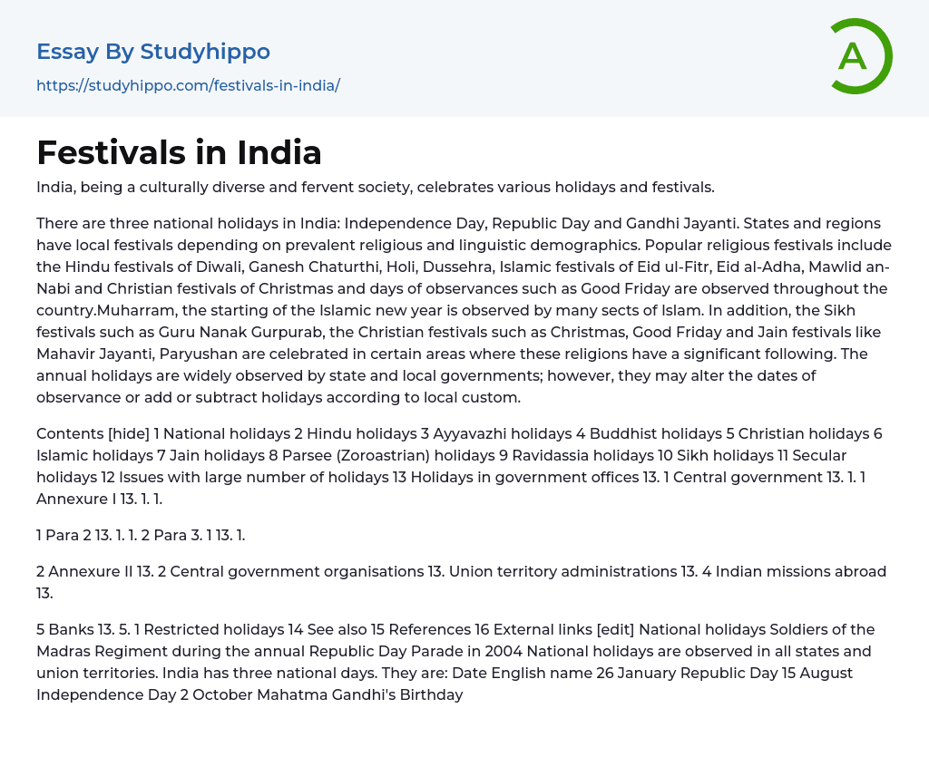 Festivals in India Essay Example
