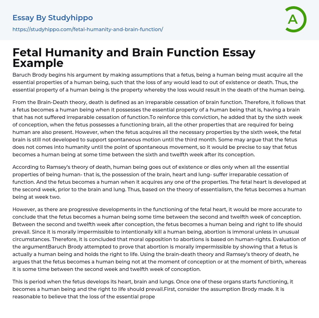 Fetal Humanity and Brain Function Essay Example
