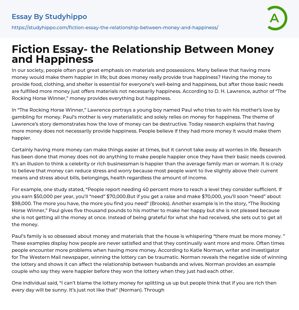Fiction Essay- the Relationship Between Money and Happiness