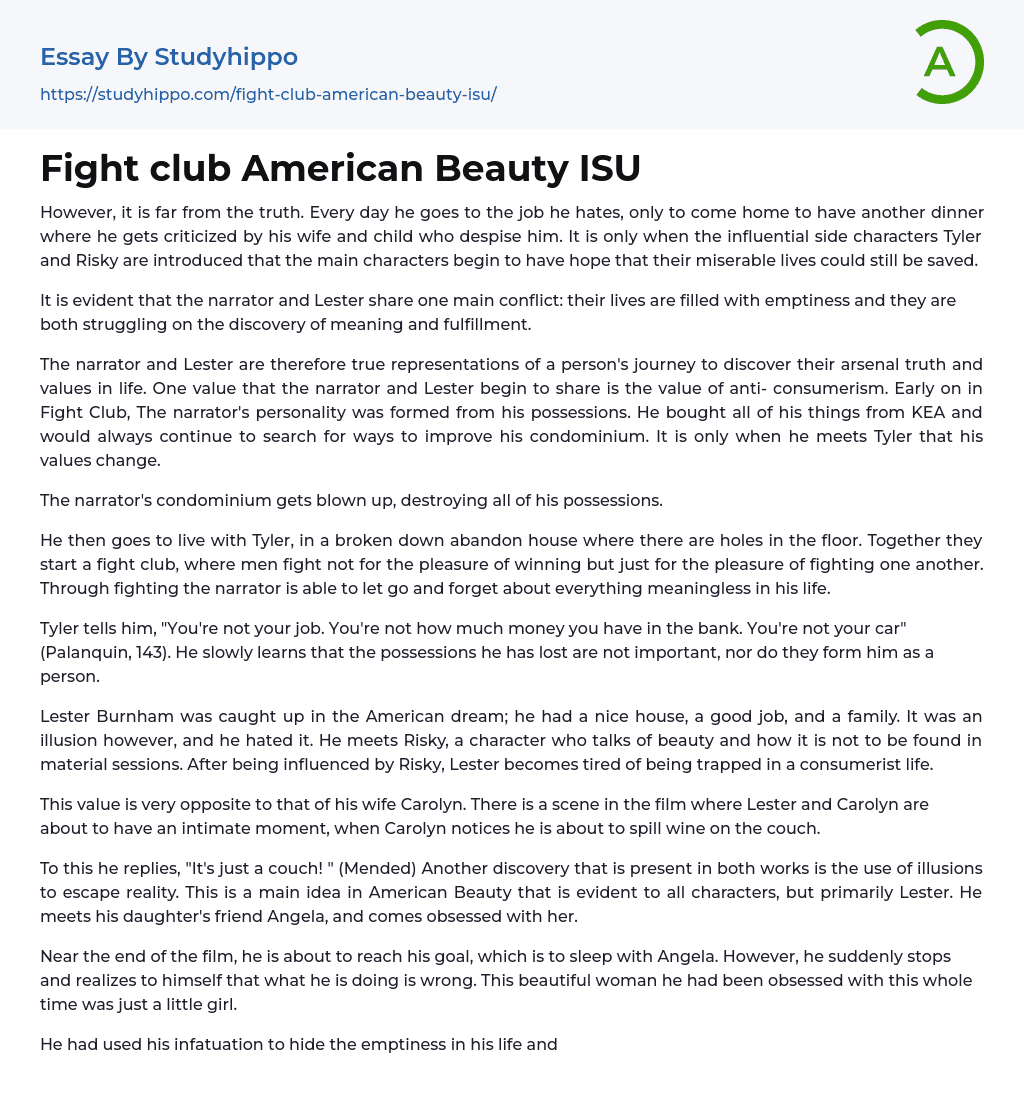 Fight club American Beauty ISU Essay Example