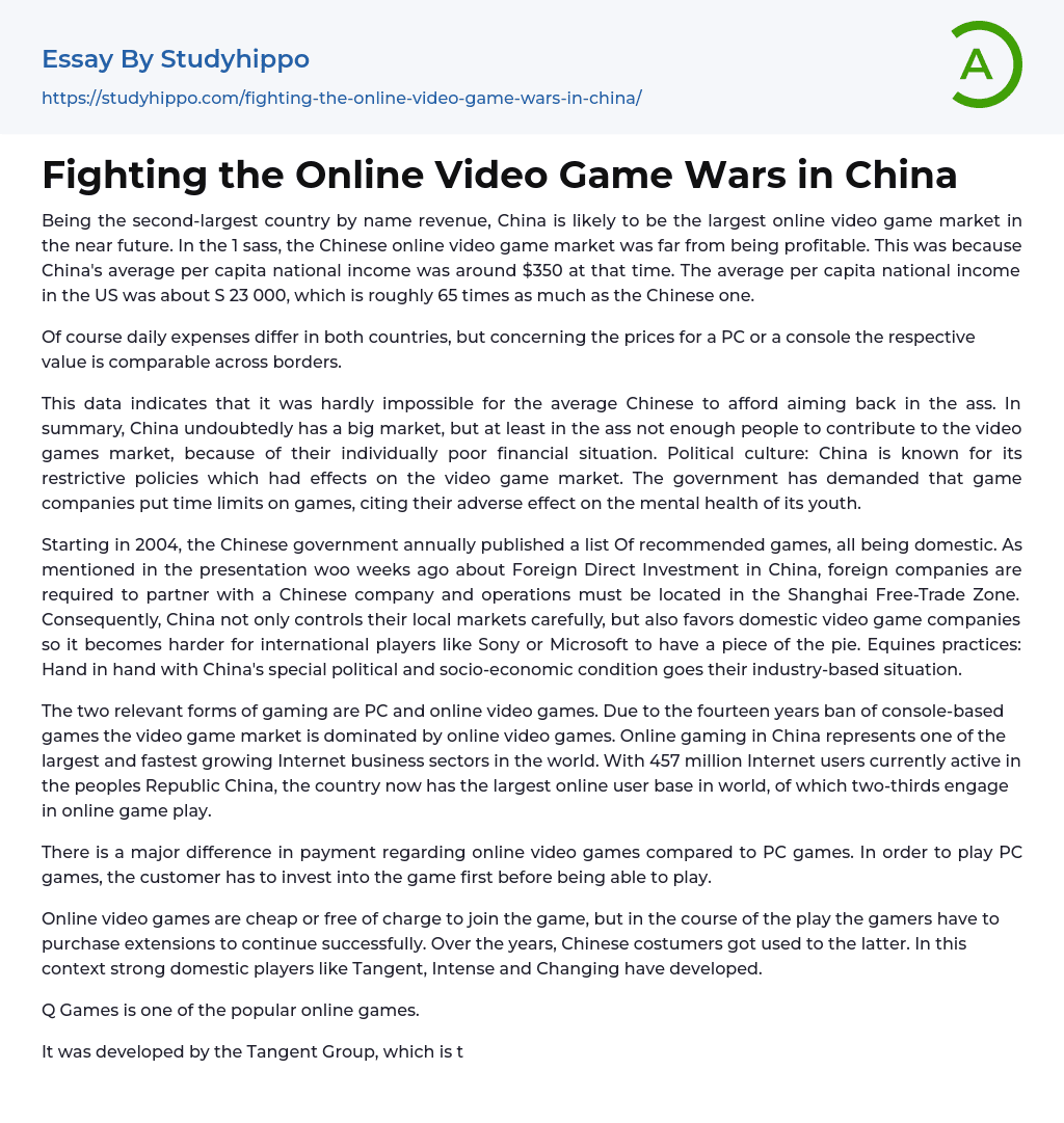 Fighting the Online Video Game Wars in China Essay Example