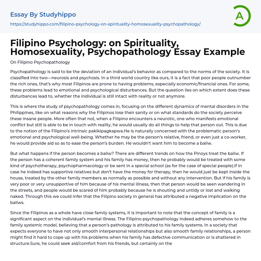 Filipino Psychology: on Spirituality, Homosexuality, Psychopathology Essay Example
