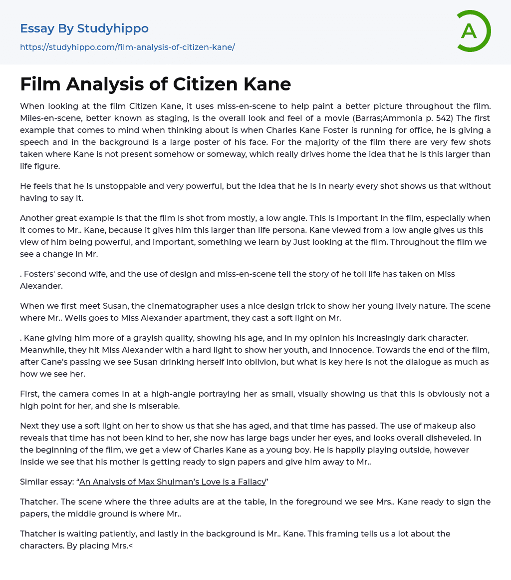 Film Analysis of Citizen Kane Essay Example