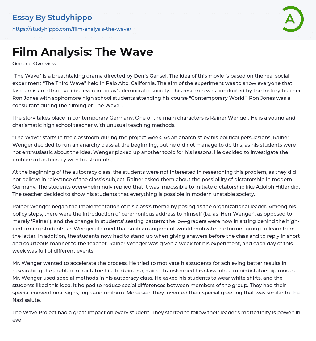 Film Analysis: The Wave Essay Example