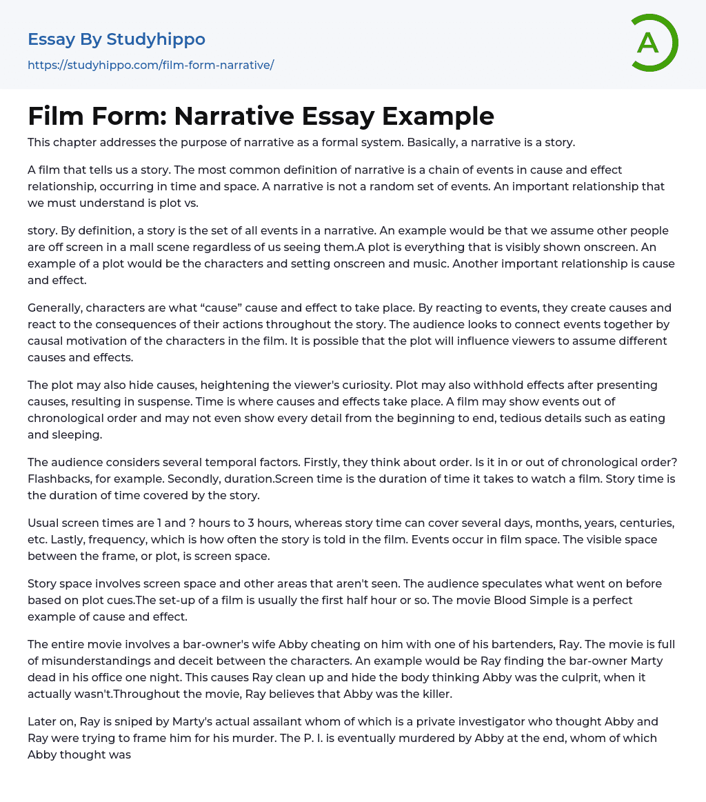 Film Form: Narrative Essay Example
