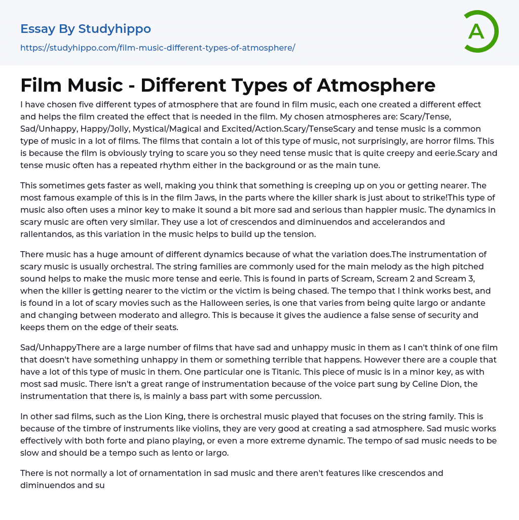 Film Music – Different Types of Atmosphere Essay Example