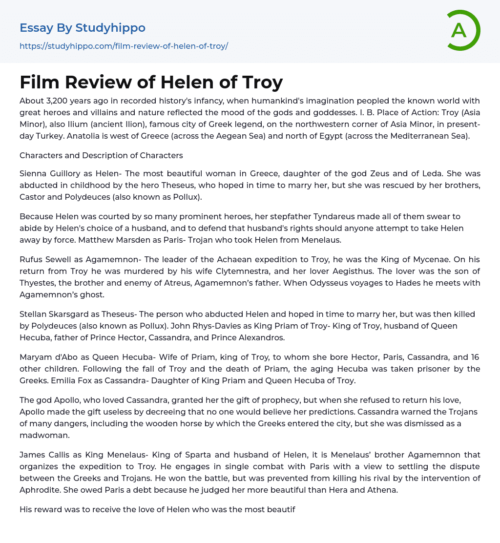 Film Review of Helen of Troy Essay Example
