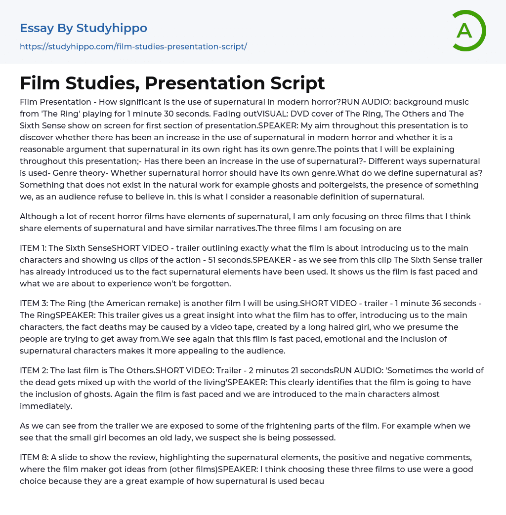 Film Studies, Presentation Script Essay Example