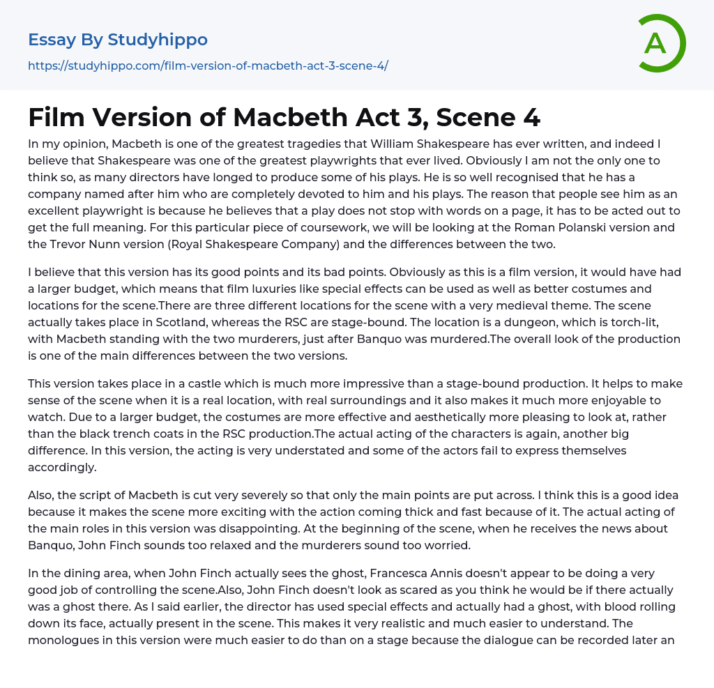Film Version of Macbeth Act 3, Scene 4 Essay Example