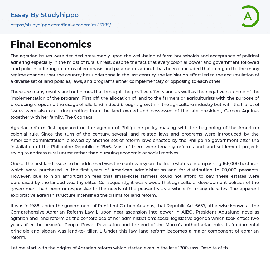 Final Economics Essay Example
