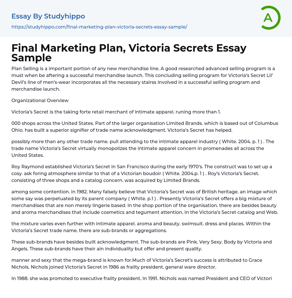 Final Marketing Plan, Victoria Secrets Essay Sample