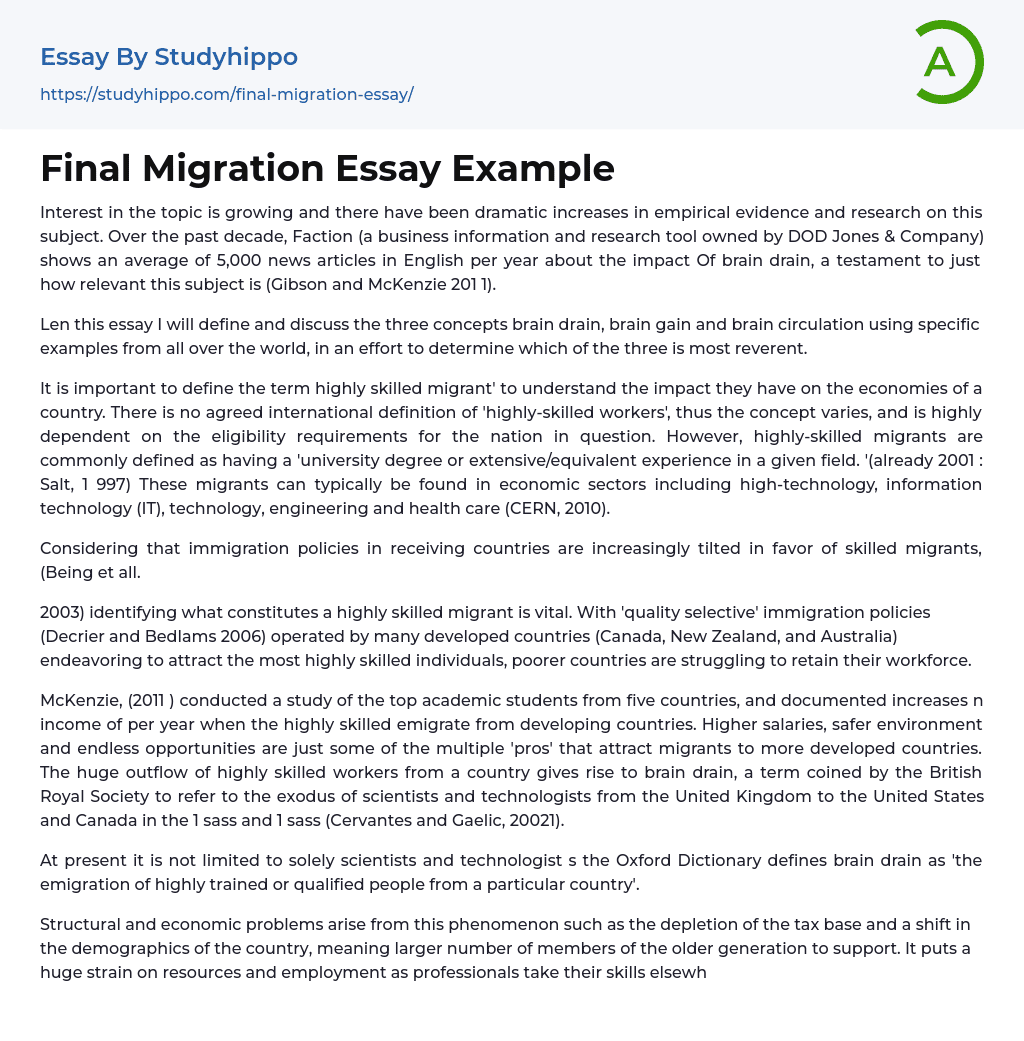 Final Migration Essay Example