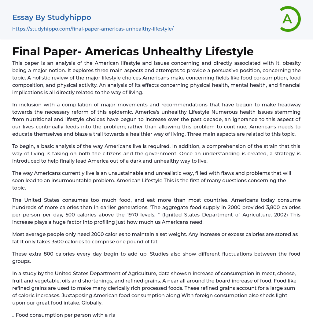 Final Paper- Americas Unhealthy Lifestyle Essay Example
