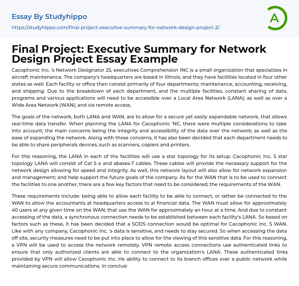 Final Project: Executive Summary for Network Design Project Essay Example