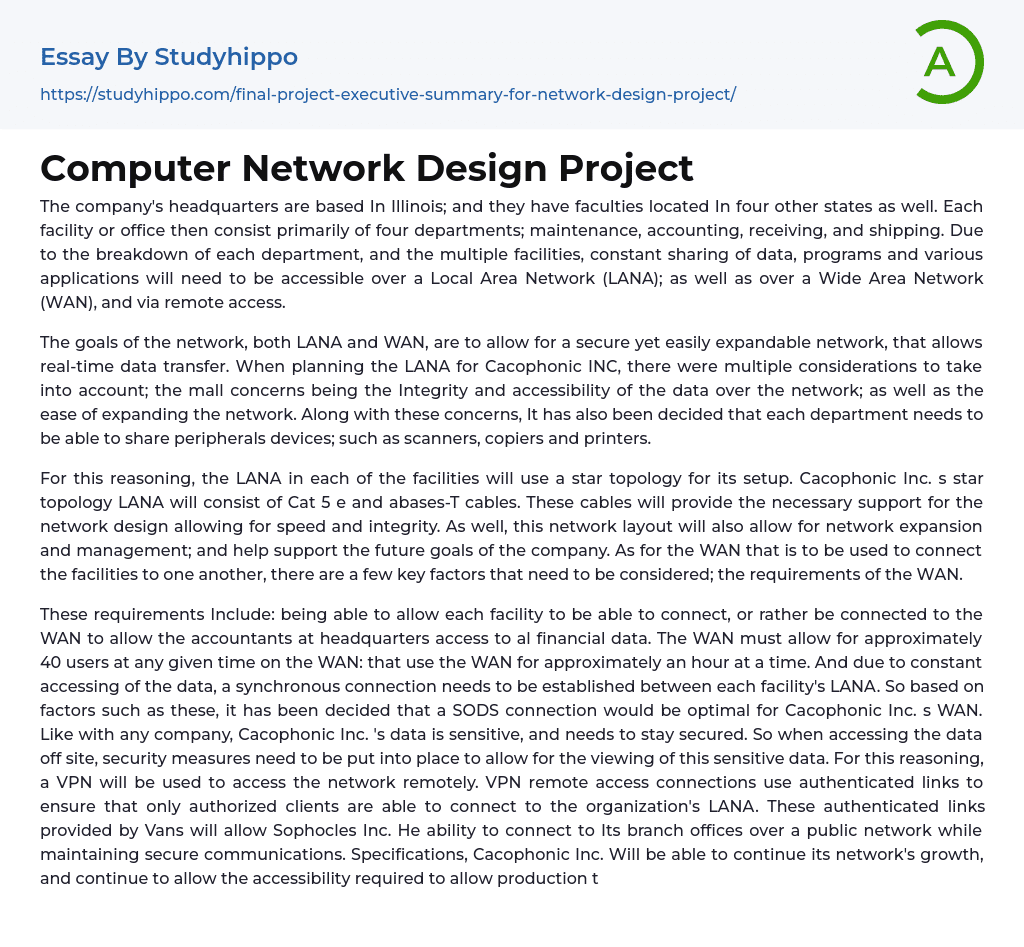 Computer Network Design Project Essay Example