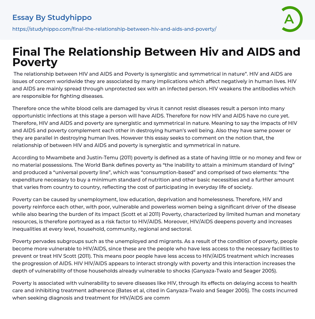 Final The Relationship Between Hiv and AIDS and Poverty Essay Example