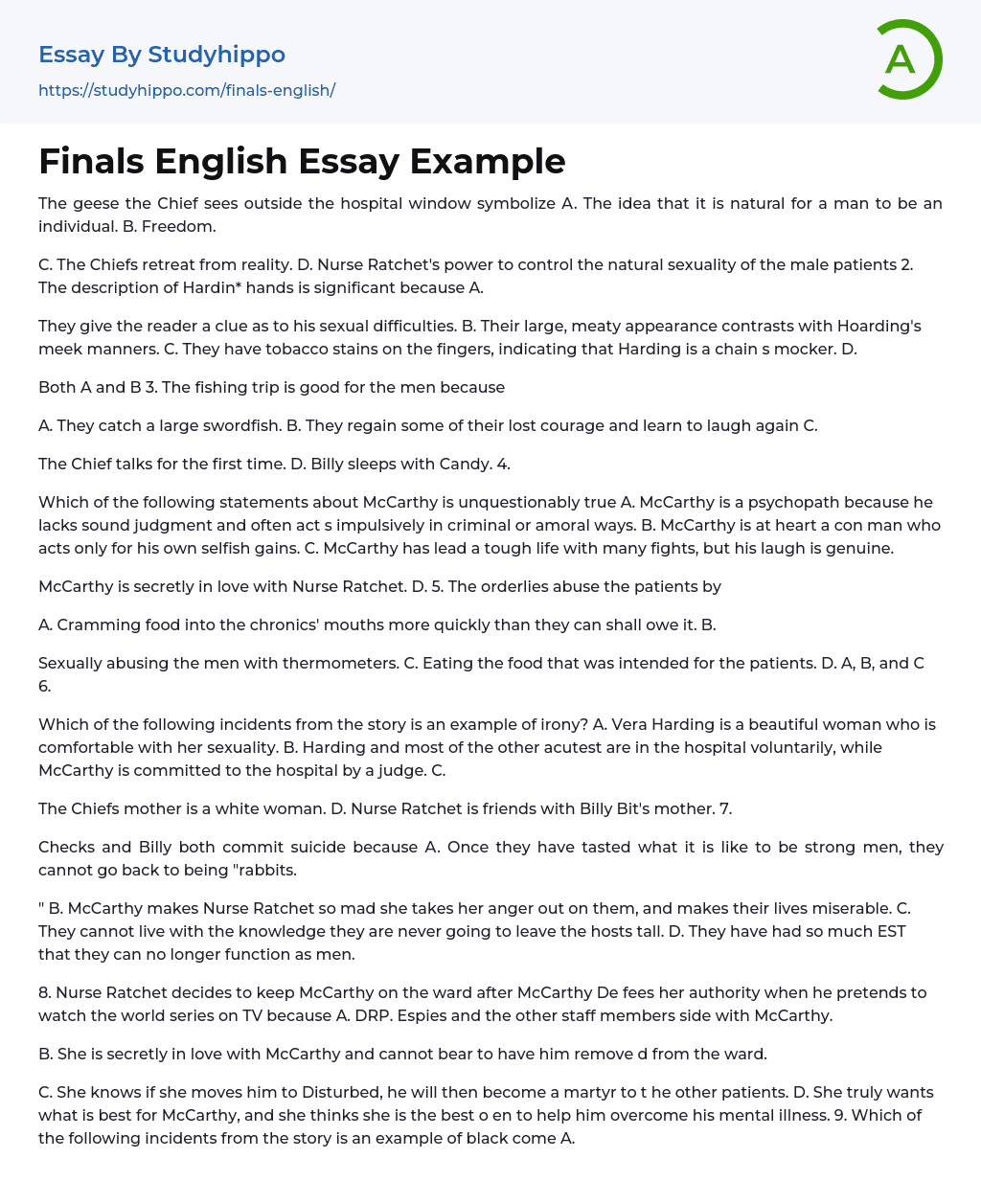 Finals English Essay Example