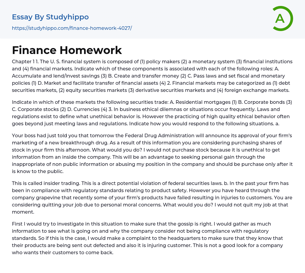 Finance Homework Essay Example