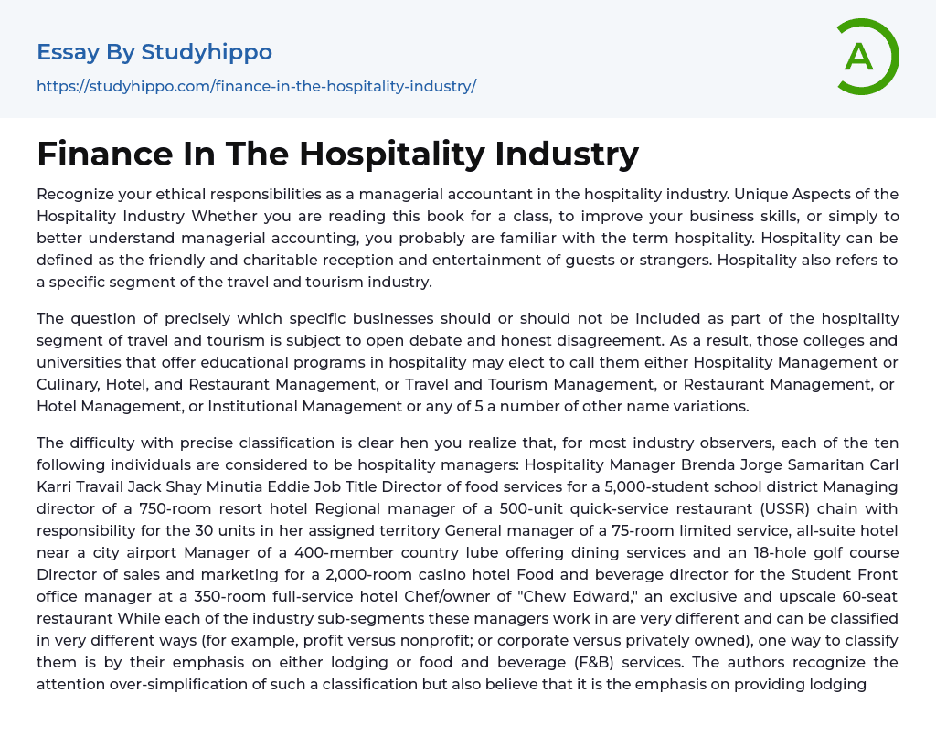 Finance In The Hospitality Industry Essay Example