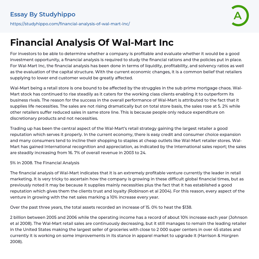 Financial Analysis Of WalMart Inc Essay Example