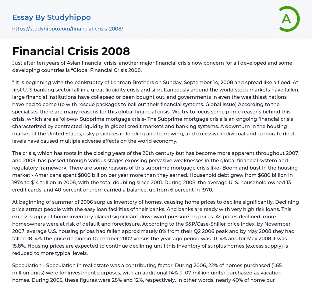 Financial Crisis 2008 Essay Example