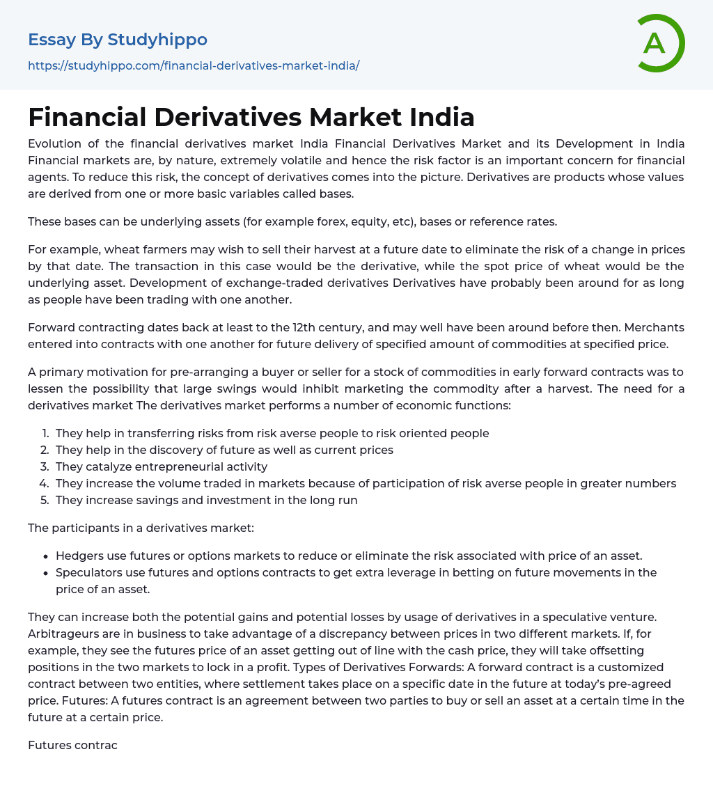 Financial Derivatives Market India Essay Example