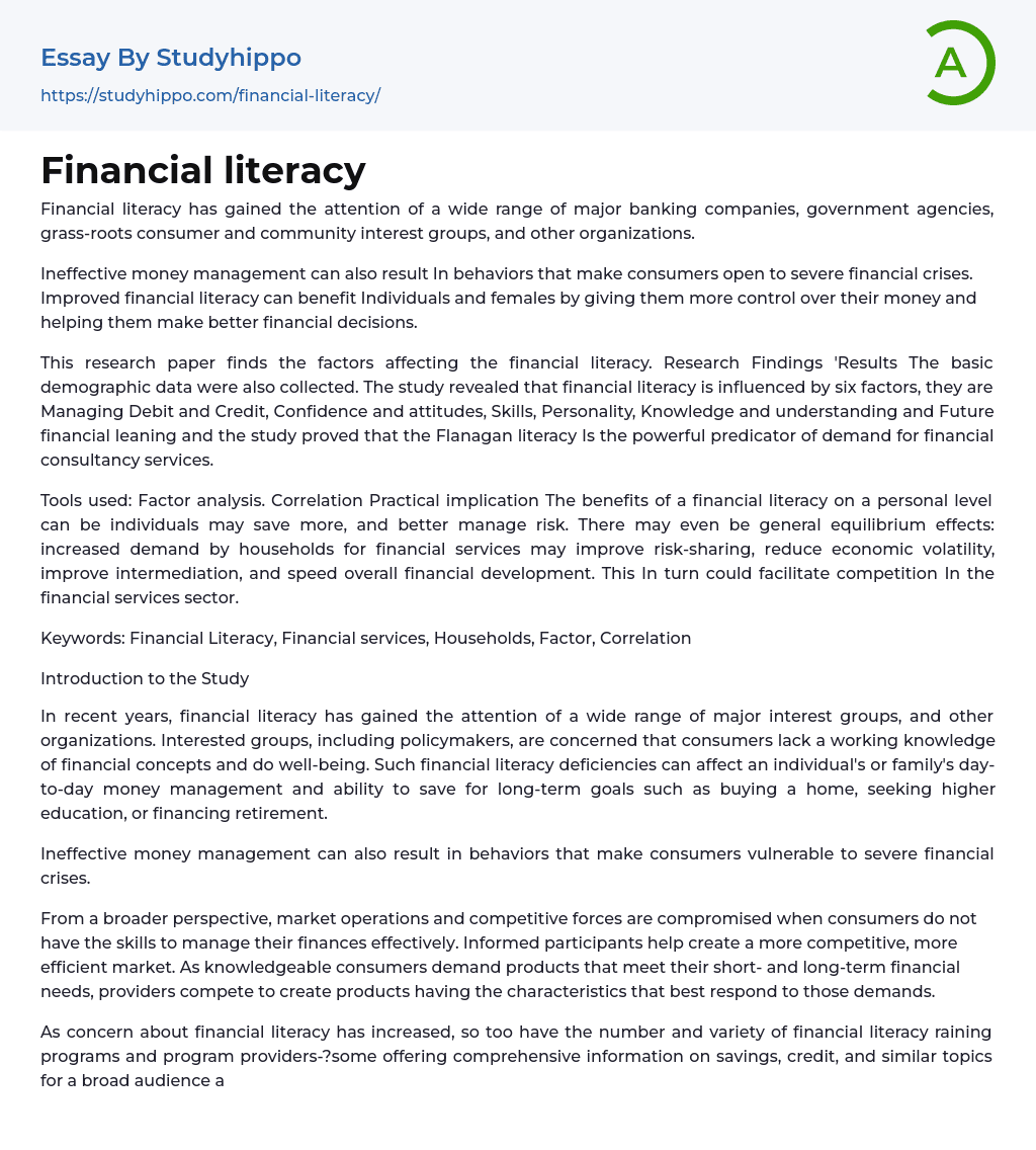 Financial literacy Essay Example