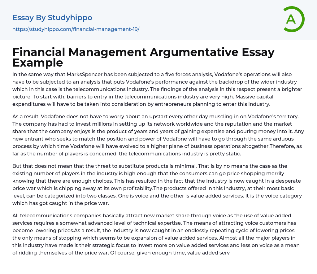 Financial Management Argumentative Essay Example