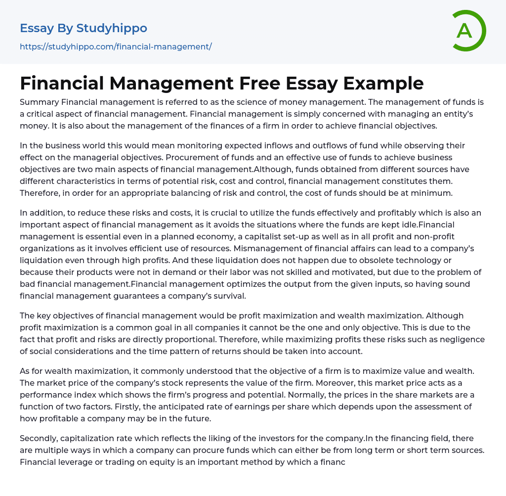 Financial Management Free Essay Example