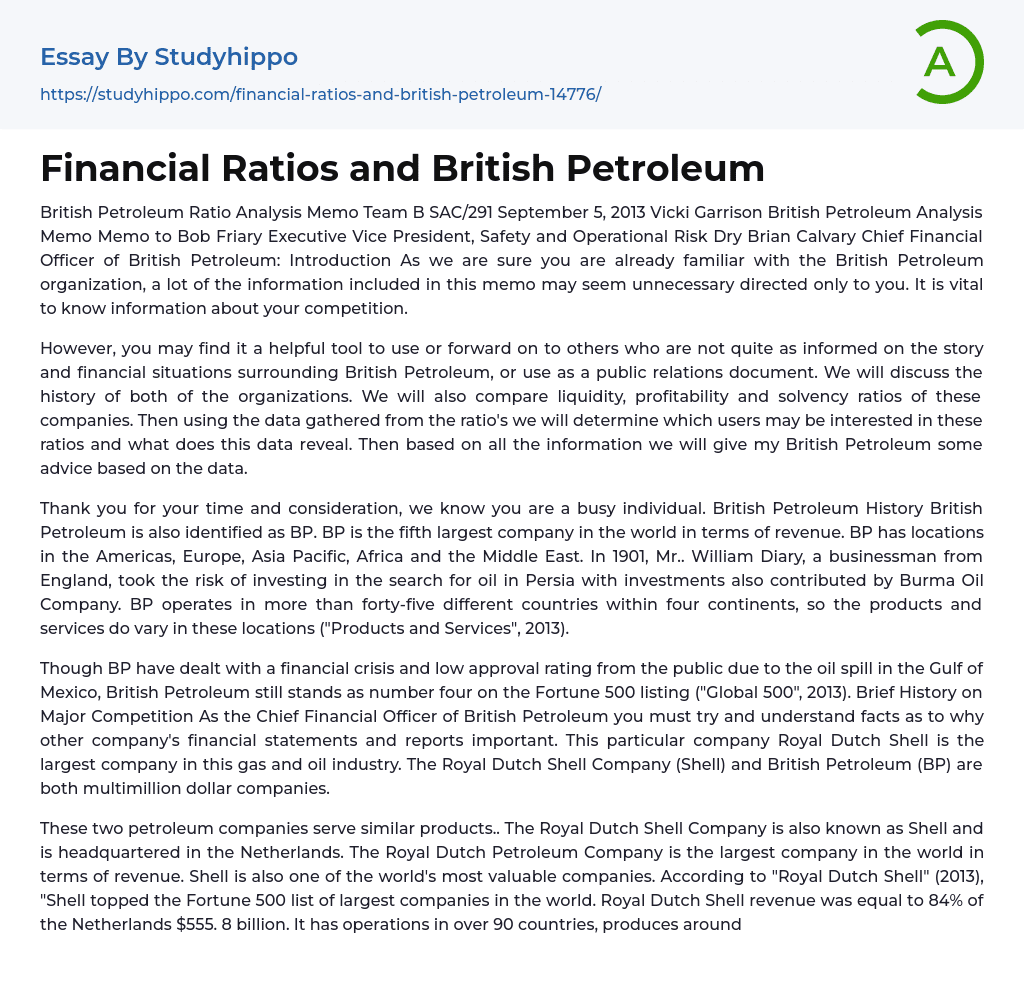 Financial Ratios and British Petroleum Essay Example
