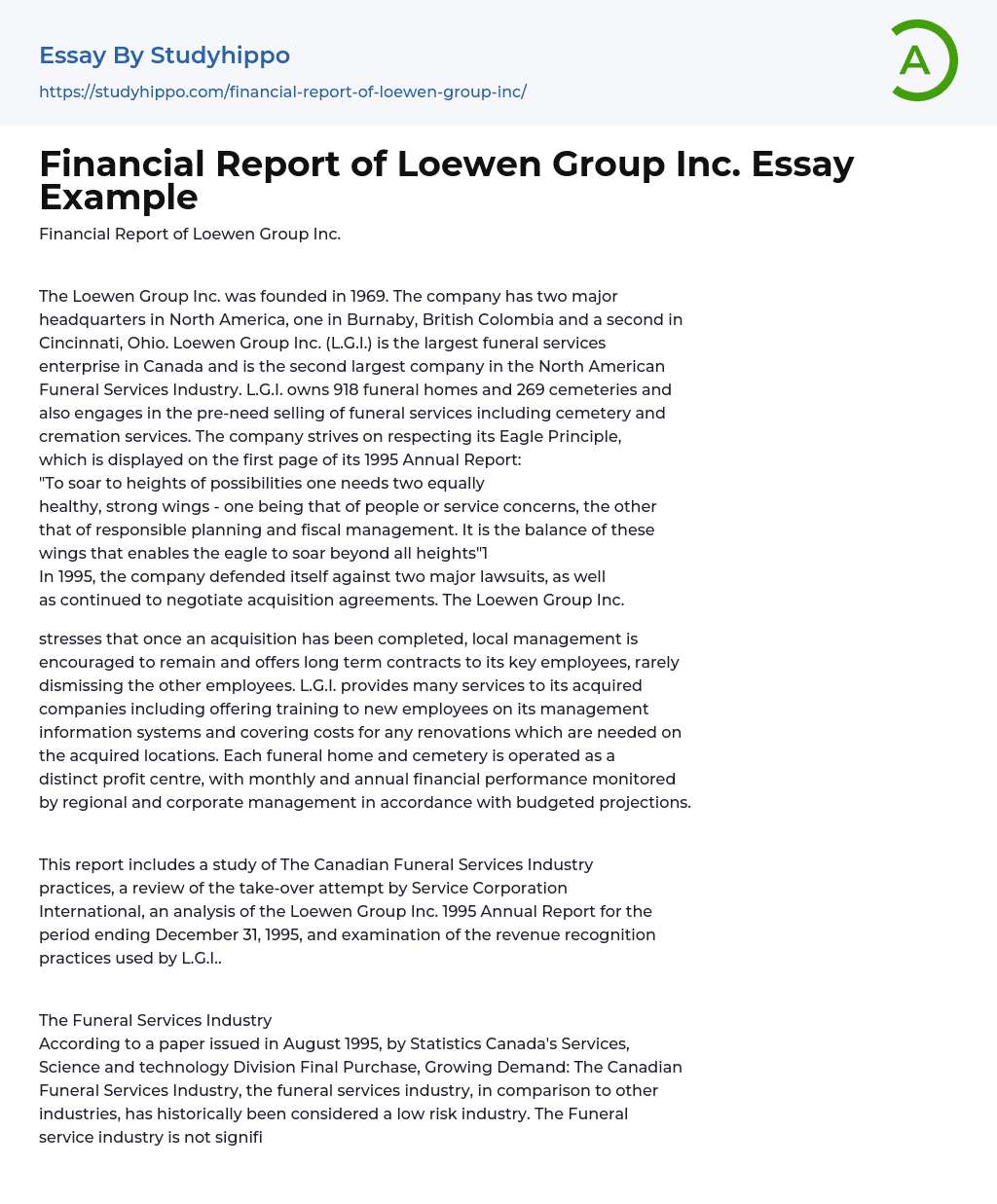 Financial Report of Loewen Group Inc. Essay Example