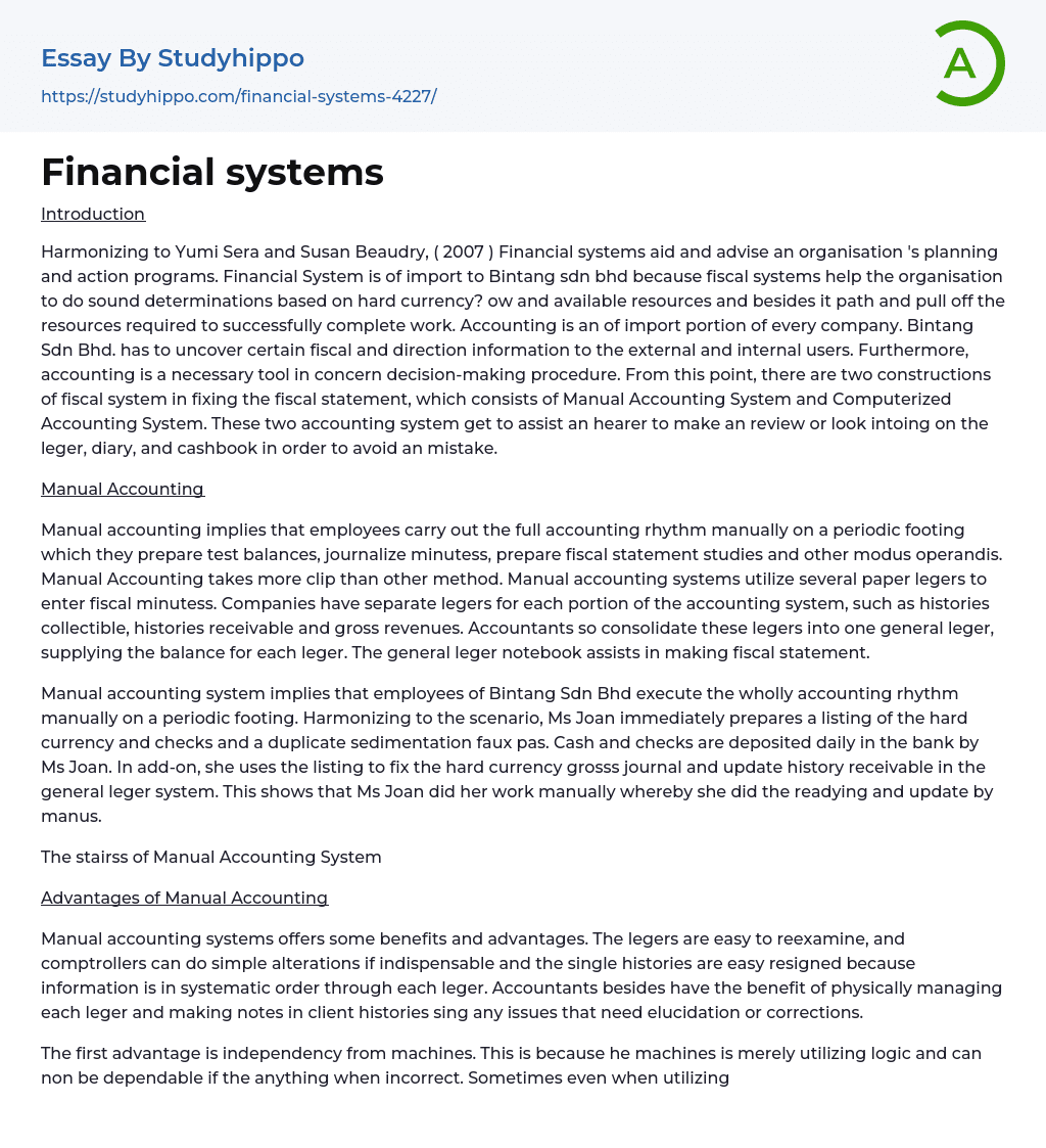 Financial systems Essay Example
