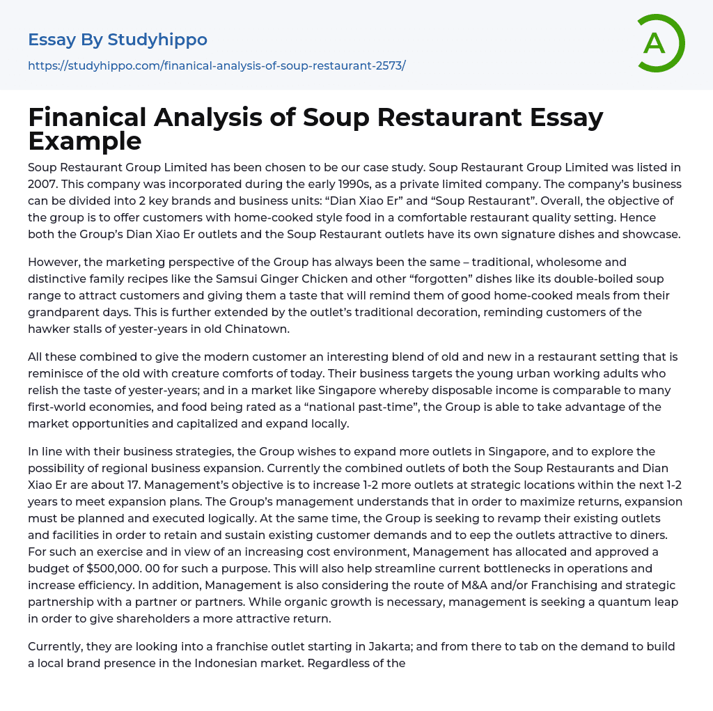 Finanical Analysis of Soup Restaurant Essay Example