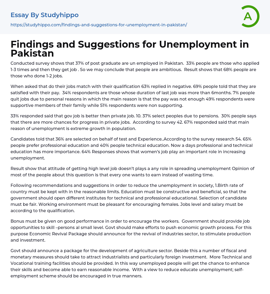 Findings and Suggestions for Unemployment in Pakistan Essay Example