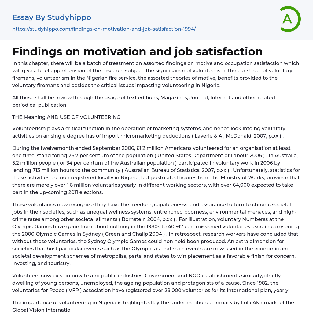Findings on motivation and job satisfaction Essay Example